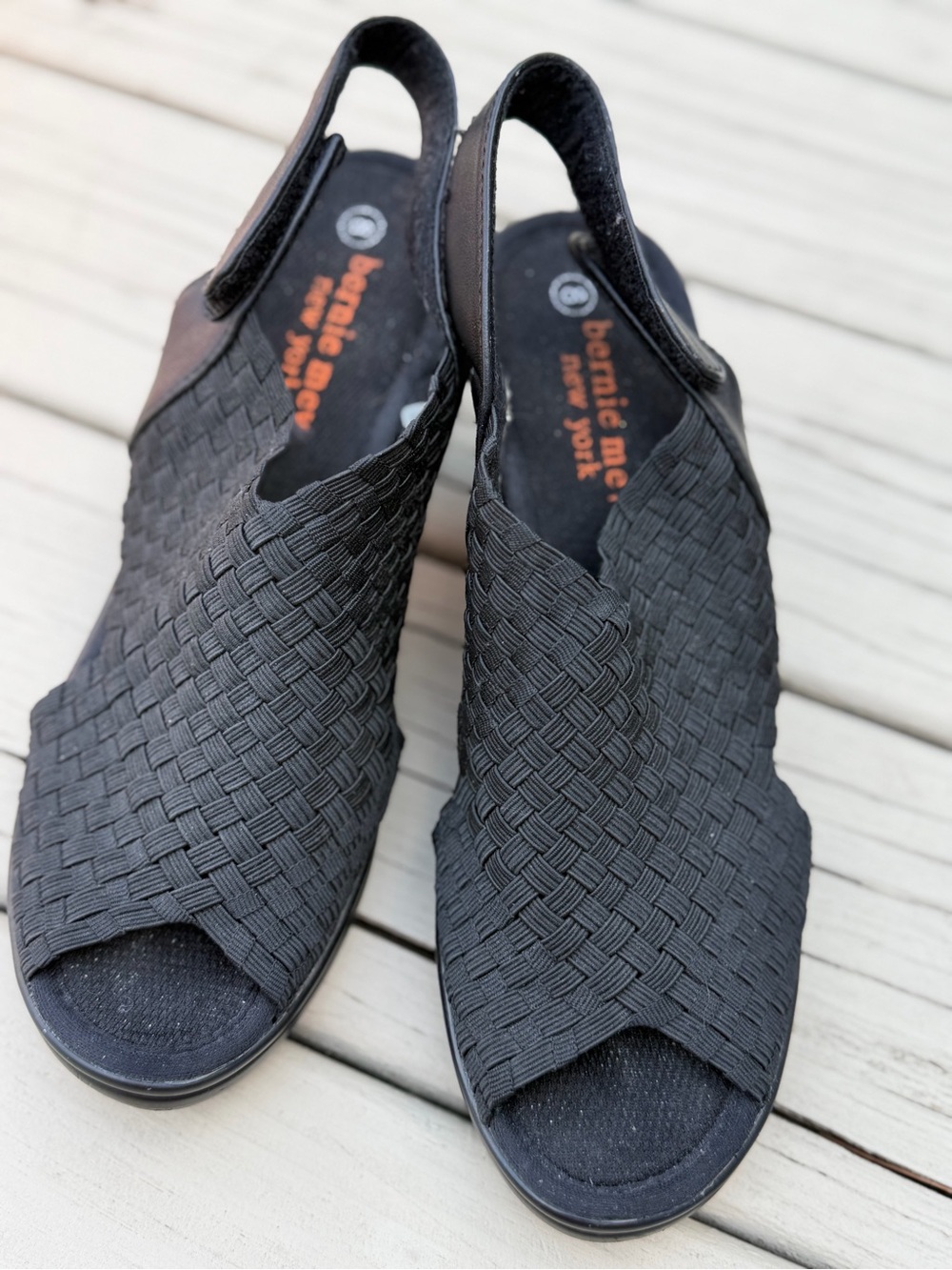 bernie mev. Black Woven Peep-Toe Slingback Sandals
